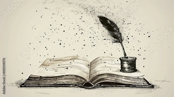 Obraz Vector illustration showcasing an open book accompanied by an ink feather tool.
