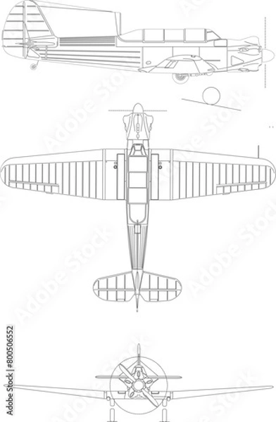 Obraz Yakovlev Yak-18 3-view svg vector file.svg