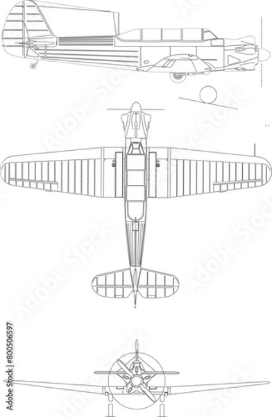 Obraz Adobe Illustrator Artwork Yakovlev Yak-18 3-view svg vector file.eps
