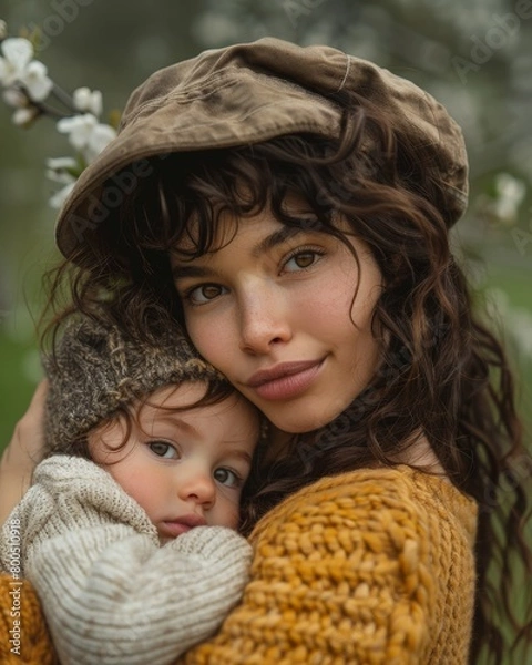 Fototapeta Portrait photograph of a mother hugging her child close-up