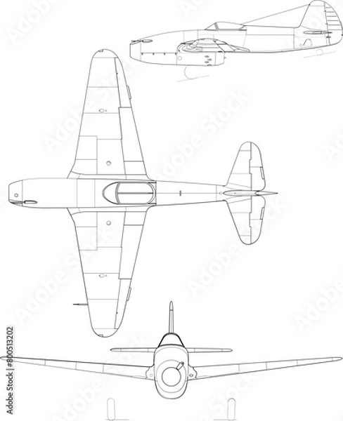 Obraz Yakovlev Yak-15 3-view svg vector file.svg
