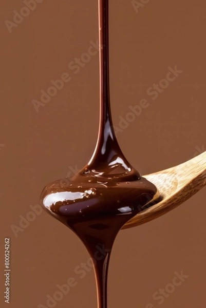Fototapeta liquid chocolate dropping from a wooden spoon isolated on a light brown background
