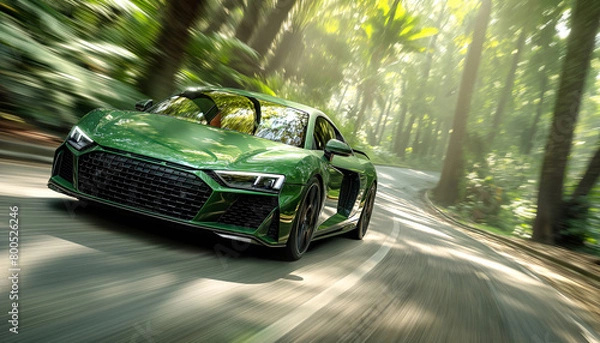 Obraz Sleek green sports car speeding through lush green forest environment by curved asphalt road. Dynamic motion blur adds to excitement of scene. Auto design and automotive production industry concept