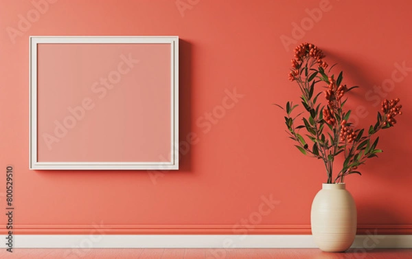 Fototapeta Empty horizontal frame mockup in modern minimalist interior with plant in trendy vase on red tones, and a wall in the background. Template for artwork, painting, photo or poster. Generative AI.