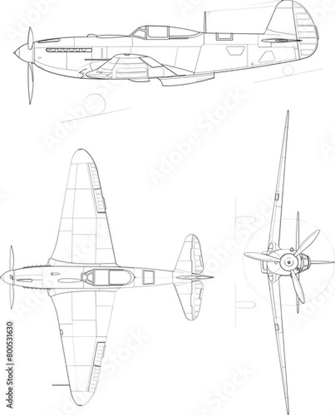 Obraz  Yakovlev Yak-9P 3-view-svg vector file.svg