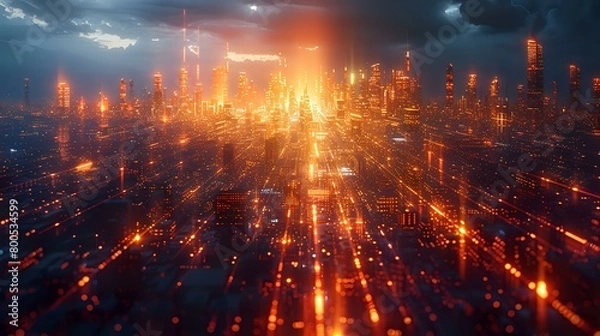 Fototapeta Data Visualization: Surreal Futuristic City with Illuminated Pathways