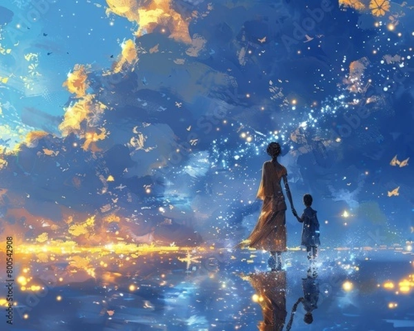 Fototapeta Fantasy art concept mother and child walking sparkles love 