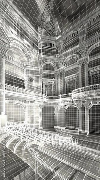 Fototapeta Mesh wireframe of a grand opera house, detailing auditorium, stage, and backstage areas