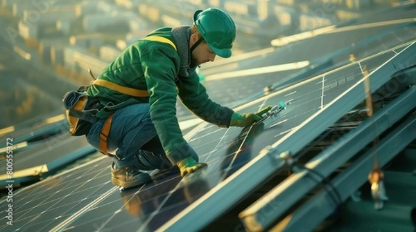 Fototapeta engineer in a rooftop working  on solar panels with safety gear
