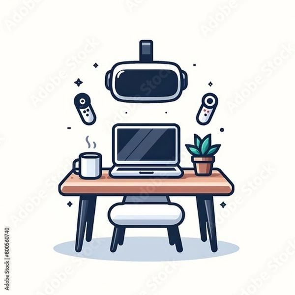 Fototapeta VR gear floats above a desk, symbolizing the leap to virtual workspaces.