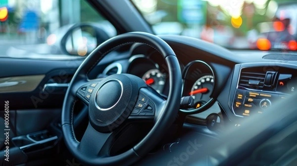 Obraz A detailed close-up of a car's dashboard, displaying various indicators and controls essential for driving.

