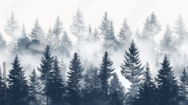 Fototapeta A seamless pattern featuring a foggy spruce forest with fir trees isolated on a white background.

