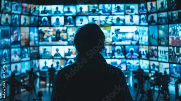 Fototapeta A security guard monitoring multiple surveillance screens filled with live feeds from CCTV cameras, maintaining vigilance at all times.