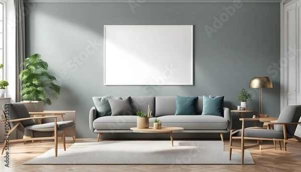 Fototapeta 3 vary sizes Frame mockup, ISO A paper size. Living room wall poster mockup. Interior mockup with house background. Modern interior design. 3D render, photo, 3d render