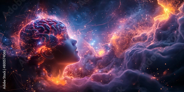 Fototapeta A surreal depiction of a person with the galaxy merging with her brain, denoting the boundless potential of human thought, network glowing