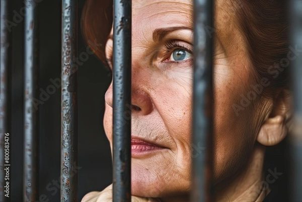 Fototapeta a female prisoner in a robe is serving time in a prison cell behind bars