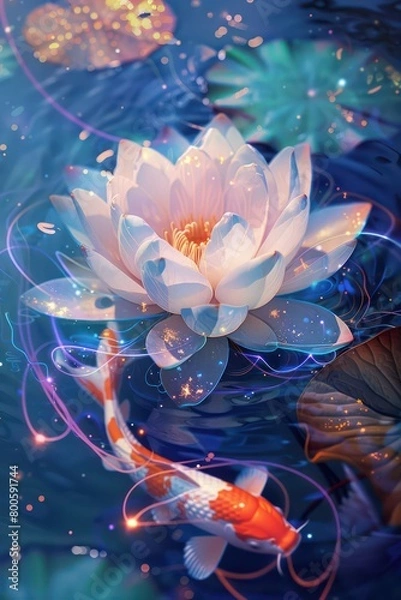 Fototapeta A vibrant lotus flower shines brightly amongst lily pads, reflecting a sense of purity, enlightenment, and tranquility