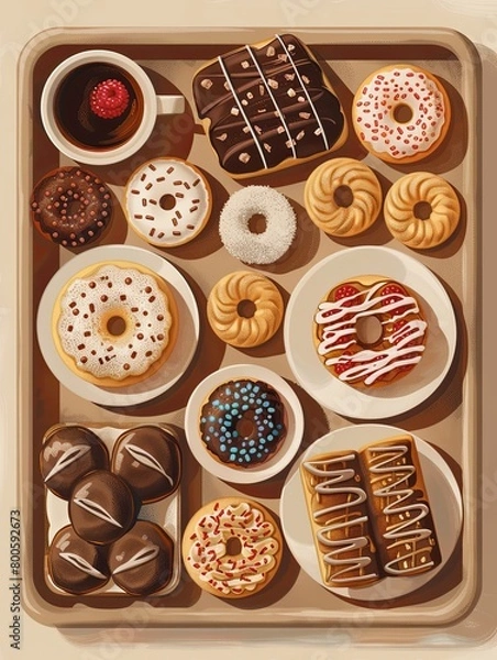 Fototapeta Tray of Treats, Suitable for cafes, restaurants, and bakeries. The background can depict a decorated tray with pastries, donuts, and cookies. Generative AI.