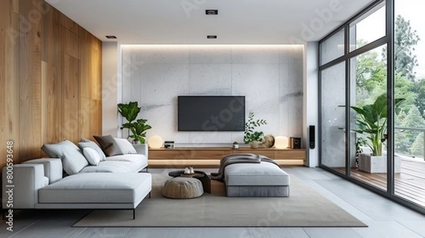 Fototapeta A contemporary styled living room with elegant wooden paneling and minimalist furniture, poised against a serene backdrop