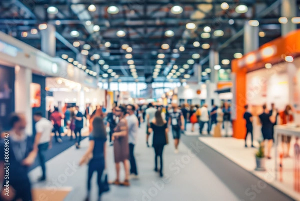 Fototapeta People walking at modern expo, indoor fair exhibition crowd, with bokeh