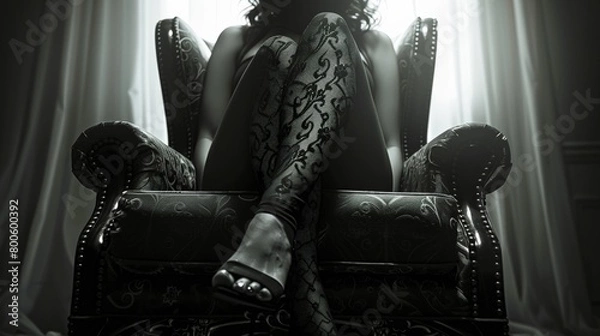 Fototapeta A woman is sitting in a chair with her legs crossed