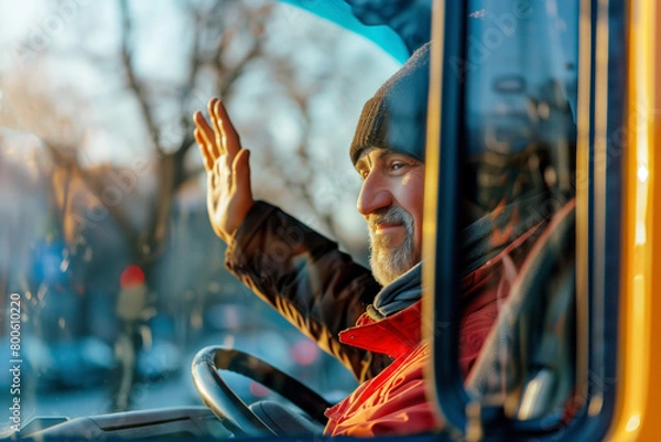 Obraz A school bus driver waves hello from the cab