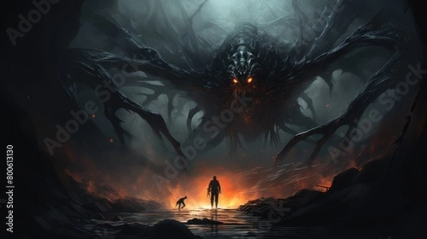 Obraz a illustration giant monster spider is confronting someone in the dark