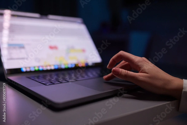Fototapeta Close up of girl hands writing in a red laptop on a table at home