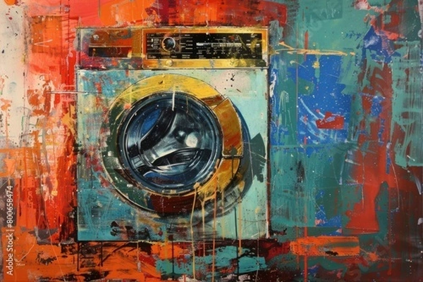 Fototapeta A unique painting of a washing machine on a wall. Suitable for interior design projects