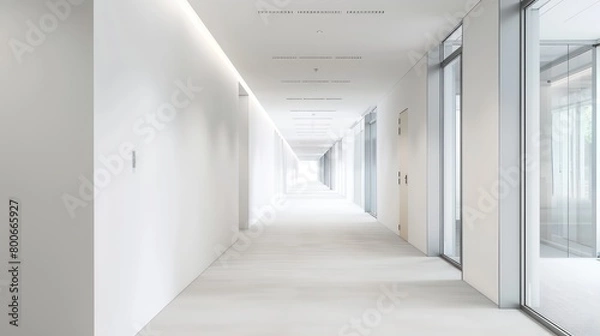 Fototapeta wide empty white walls in a hallway in a modern office with bright natural light and neutral tones