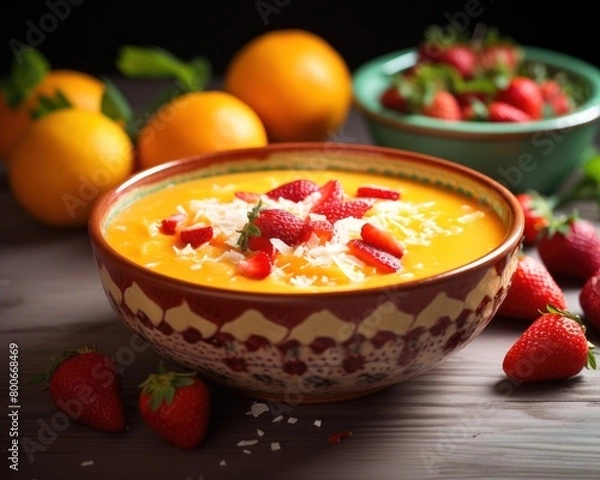 Obraz Delicious fruit smoothie bowl with fresh strawberries and oranges