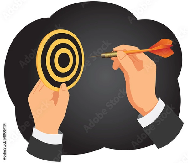 Fototapeta Hand with a dart is aiming at a dartboard on a dark background