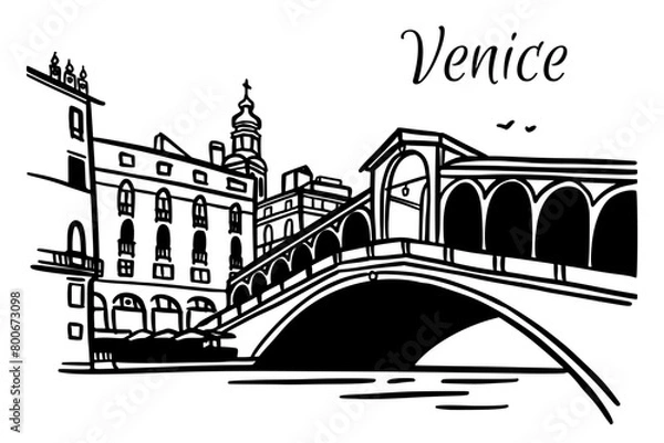 Obraz Line art drawing of Rialto Bridge in Venice, Italy, architecture tourism landmark, travel destination illustration