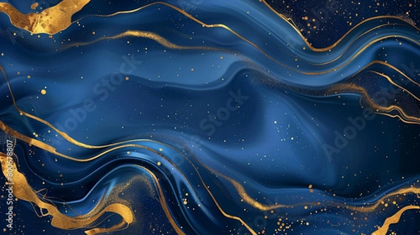 Fototapeta Dotted Line Drawing Vector Graphic Background - Golden Marble Lines on a Royal Blue Background with Gold Gilding Effect - Soft Splash Chemical Abstract Fluid Element with Organic Shapes