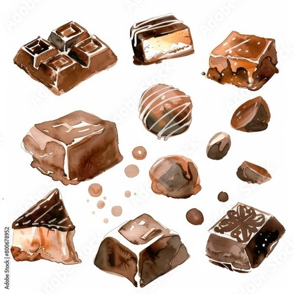 Fototapeta chocolate, caramel in white background with delicate and vivid watercolors