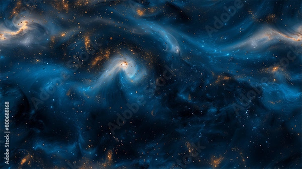 Fototapeta A seamless textured pattern in deep blue, evoking the mysteries of the galaxy, adorned with shimmering gold nebulae, intricate constellations, and twinkling stars