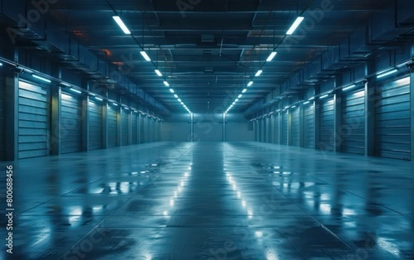 Obraz realistic warehouse with light blue glowing space