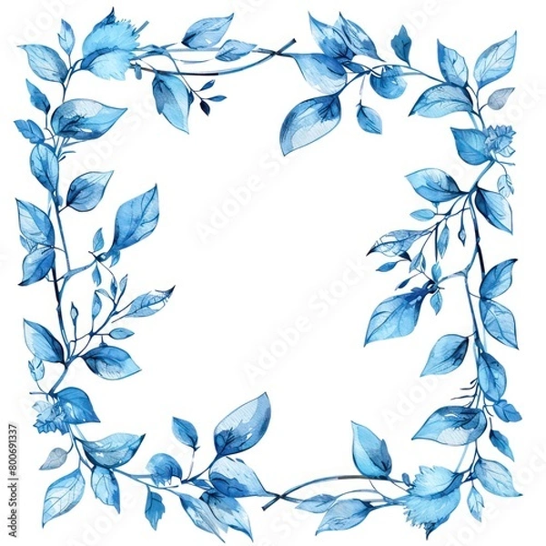 Fototapeta watercolor frame with blue leaves and branches