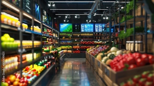 Obraz grocery store  with big led screens and holograms