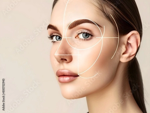 Obraz 
Portrait of a female face based on the golden ratio. A personalized skincare concept. A symmetrical face. banner, copy space