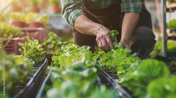 Fototapeta an employee in a greenhouse holding lettuce with other plants