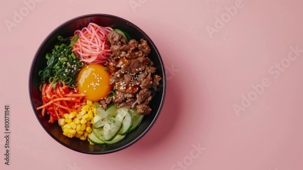 Fototapeta Mox beef bibimbap with vegetable slice and egg traditional Korean food homemade