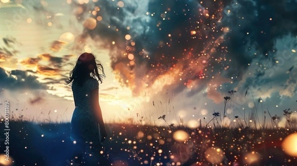 Obraz A person stands in a field at dusk, facing away from the camera. They are wearing a dress and a small red hat. The field is populated with wildflowers and tall grasses. It appears to be the golden hou