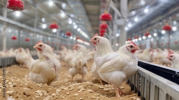 Obraz Modern and clean white feather broiler chicken cage, laying hen farming industry.