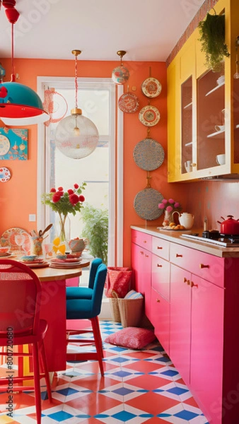 Fototapeta Vertical Eclectic Kitsch Kitchen Wonderland, background for cellphone, mobile phone, ios, android, instagram stories	