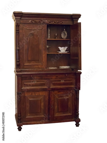 Fototapeta 19th century wood sideboard with vintage objects in it isolated