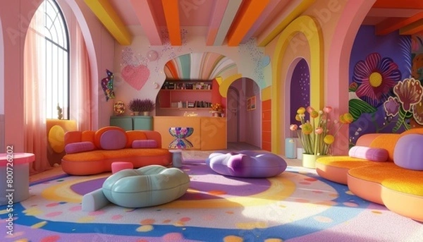 Fototapeta Fantasy VR Interior Design 3D Concept with Exaggerated Shapes and Imaginative Lighting