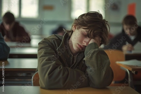 Fototapeta A young student dozing off at a desk, embodying the universal struggle of keeping awake during a seemingly endless school day.

