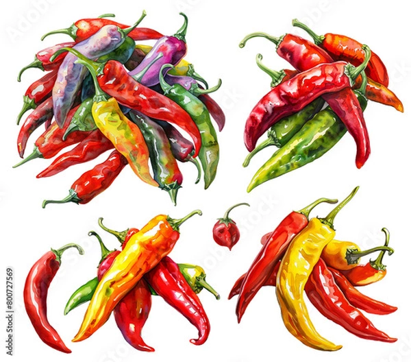 Obraz A set of watercolor illustrations of colored chili peppers. Groups of chili peppers in various shades, realistic watercolor style isolated on a transparent background. PNG cut onto transparent back.