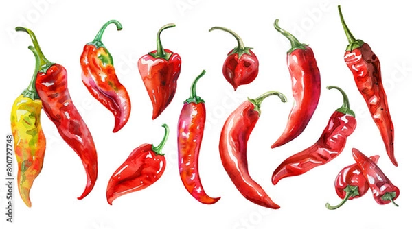 Obraz A set of watercolor illustrations of red chili peppers. Groups of chili peppers in various shades, realistic watercolor style isolated on a transparent background. PNG cut onto transparent back.